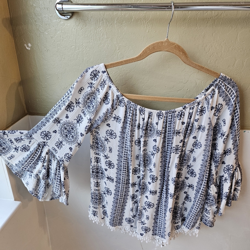 Bohemian Off-Shoulder Top with Blue Floral Print